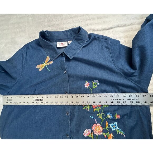 Quacker Factory Womens Wildflower Long Sleeve Denim Shirt 2X Blue Snap Front New - Picture 6 of 7